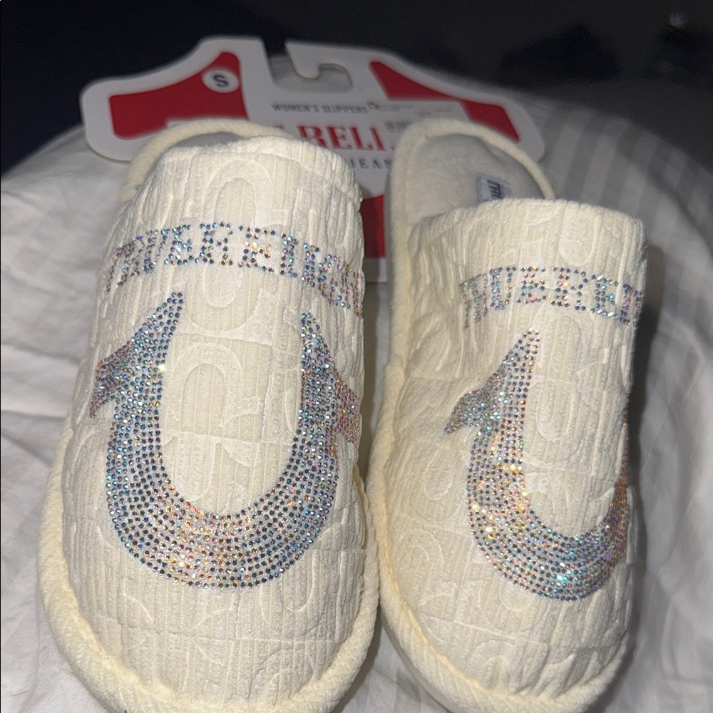 Women’s True Religion Cream Slippers with Glitter Accents